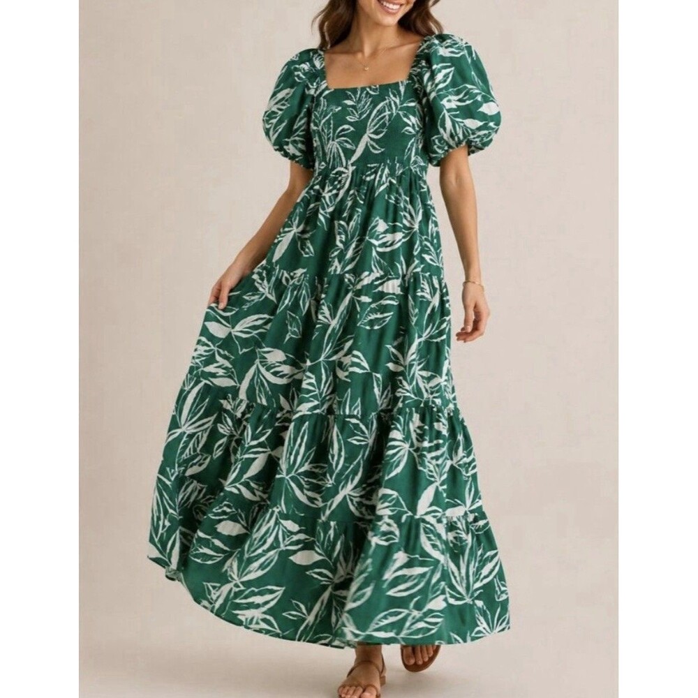 Meadow Rhodes Green Tropical Leaf Puff Sleeve Smocked Back Midi Dress Small EUC